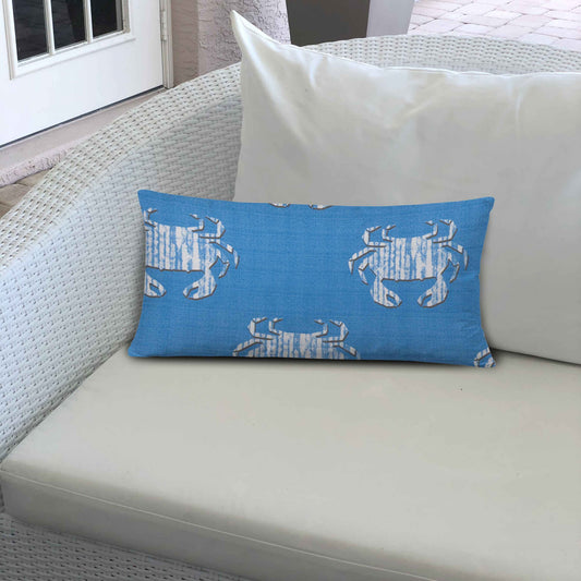 14" X 24" Blue And White Crab Zippered Coastal Lumbar Indoor Outdoor Pillow