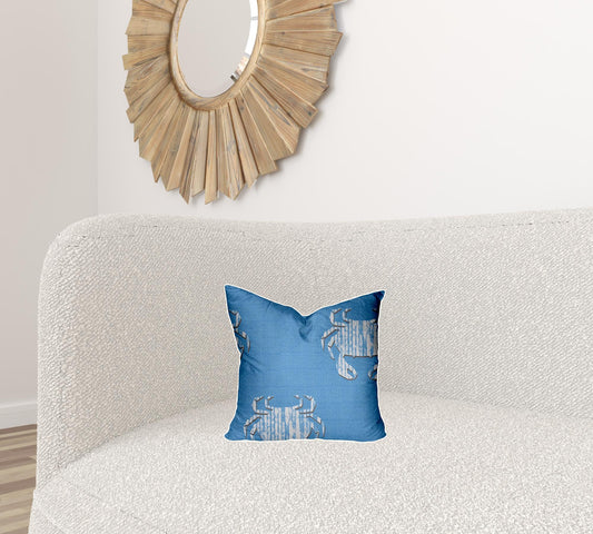 14" X 14" Blue And White Crab Enveloped Coastal Throw Indoor Outdoor Pillow Cover