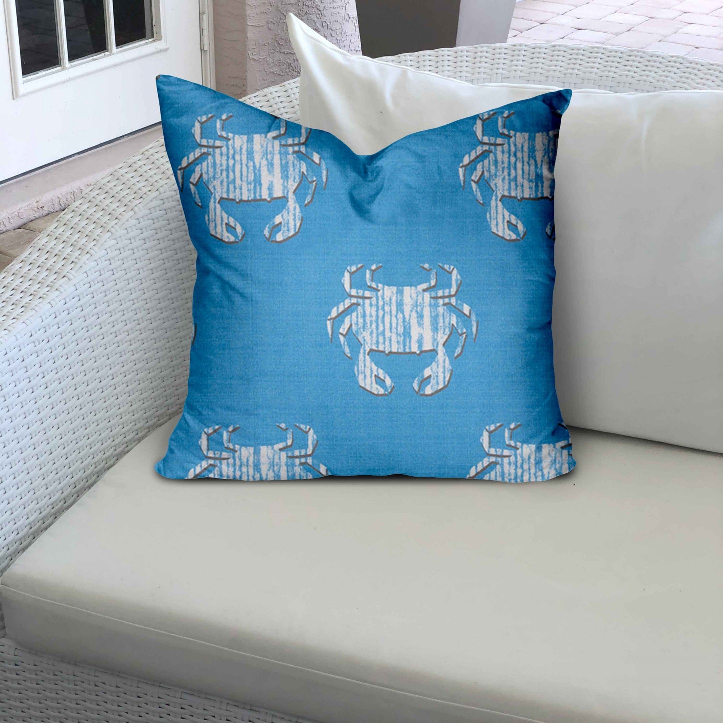 14" X 14" Blue And White Crab Enveloped Coastal Throw Indoor Outdoor Pillow Cover