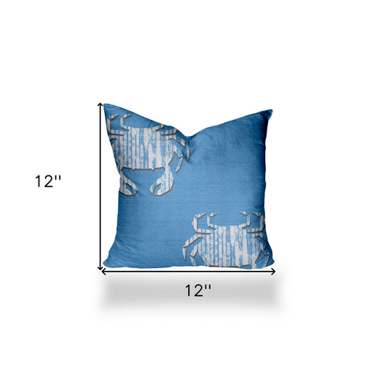 12" X 12" Blue And White Crab Blown Seam Coastal Throw Indoor Outdoor Pillow