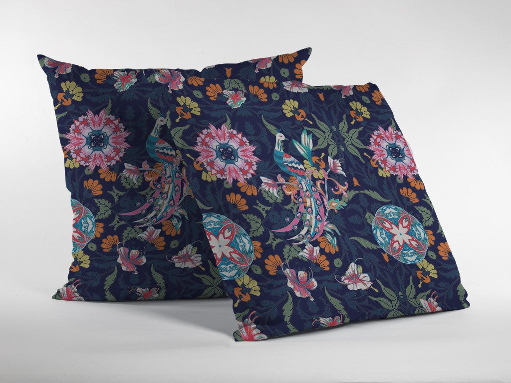 16" Navy Pink Peacock Indoor Outdoor Throw Pillow