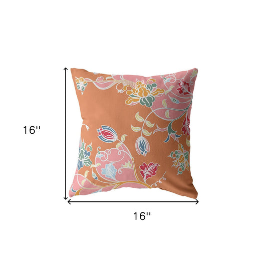 16" Pink Orange Garden Indoor Outdoor Throw Pillow