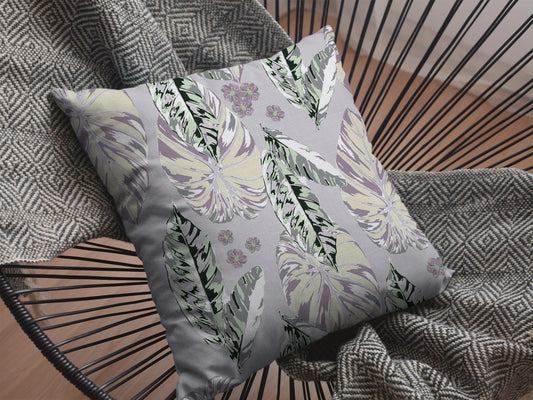 16” Gray Purple Tropical Leaf Indoor Outdoor Throw Pillow