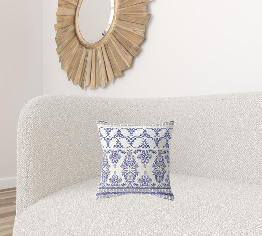 16" X 16" White And Blue Zippered Geometric Indoor Outdoor Throw Pillow