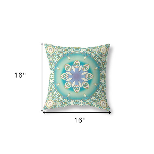 16" X 16" Beige And Green Zippered Geometric Indoor Outdoor Throw Pillow