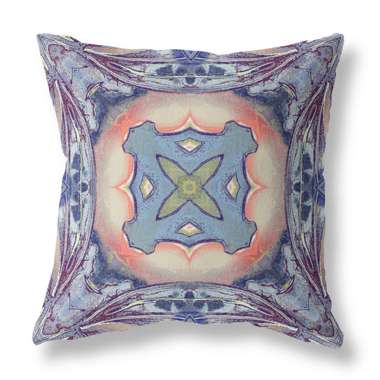 16" X 16" Sky Blue And Peach Zippered Geometric Indoor Outdoor Throw Pillow