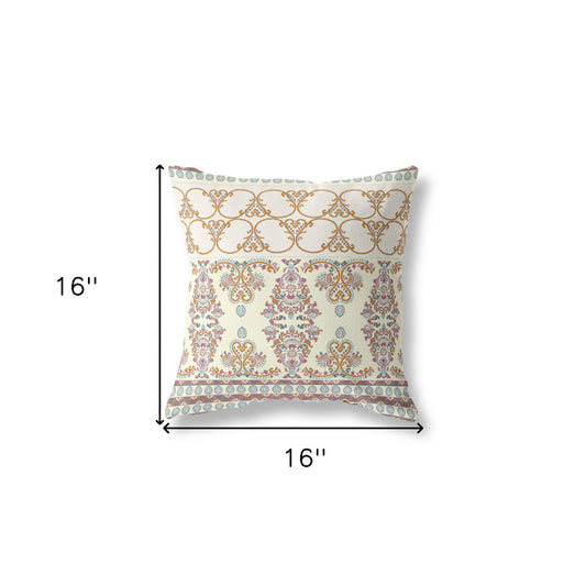 16" X 16" Off White And Orange Broadcloth Floral Throw Pillow