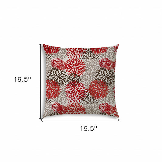 20" X 20" Red Taupe And White Zippered Polyester Floral Throw Pillow Cover