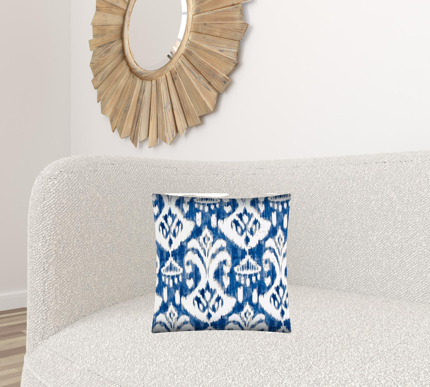 17" X 17" Indigo Taupe And Cream Zippered Polyester Ikat Throw Pillow Cover
