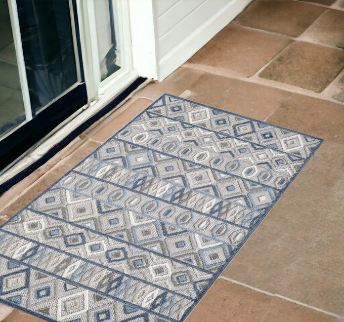 3' X 5' Blue And Gray Abstract Stain Resistant Indoor Outdoor Area Rug