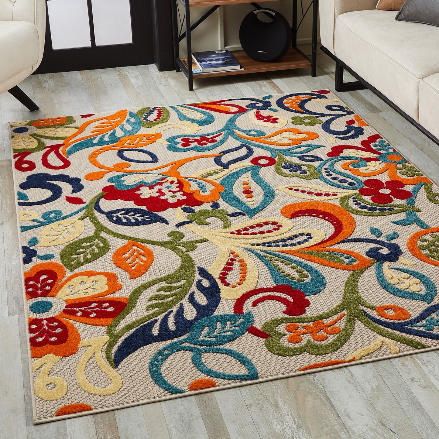 7’ x 9’ Multi Jacobean Floral Indoor Outdoor Area Rug