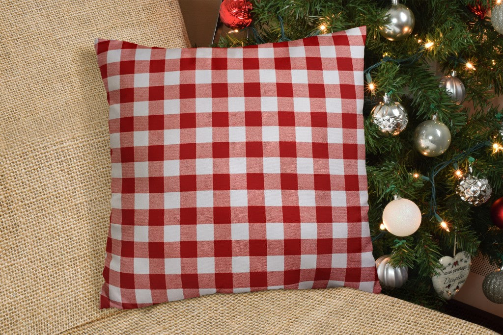 17" X 17" Red Gray And White Zippered 100% Cotton Plaid Throw Pillow Cover