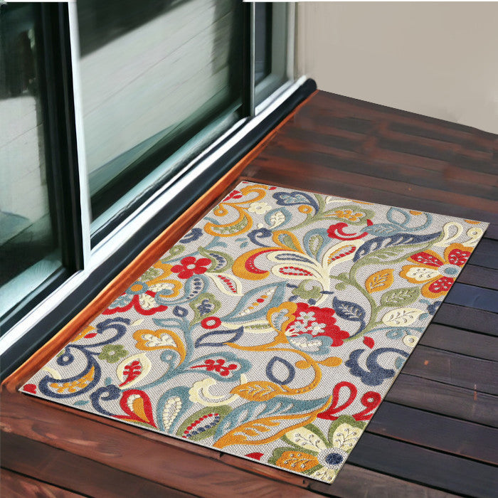 3' X 5' Ivory And Blue Floral Stain Resistant Indoor Outdoor Area Rug