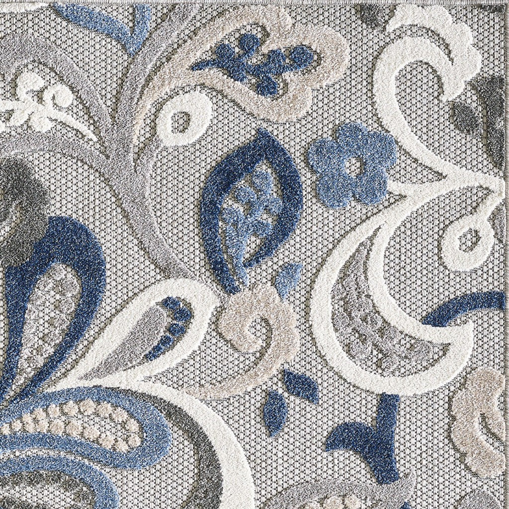 7’ x 9’ Blue Gray Jacobean Floral Indoor Outdoor Area Rug