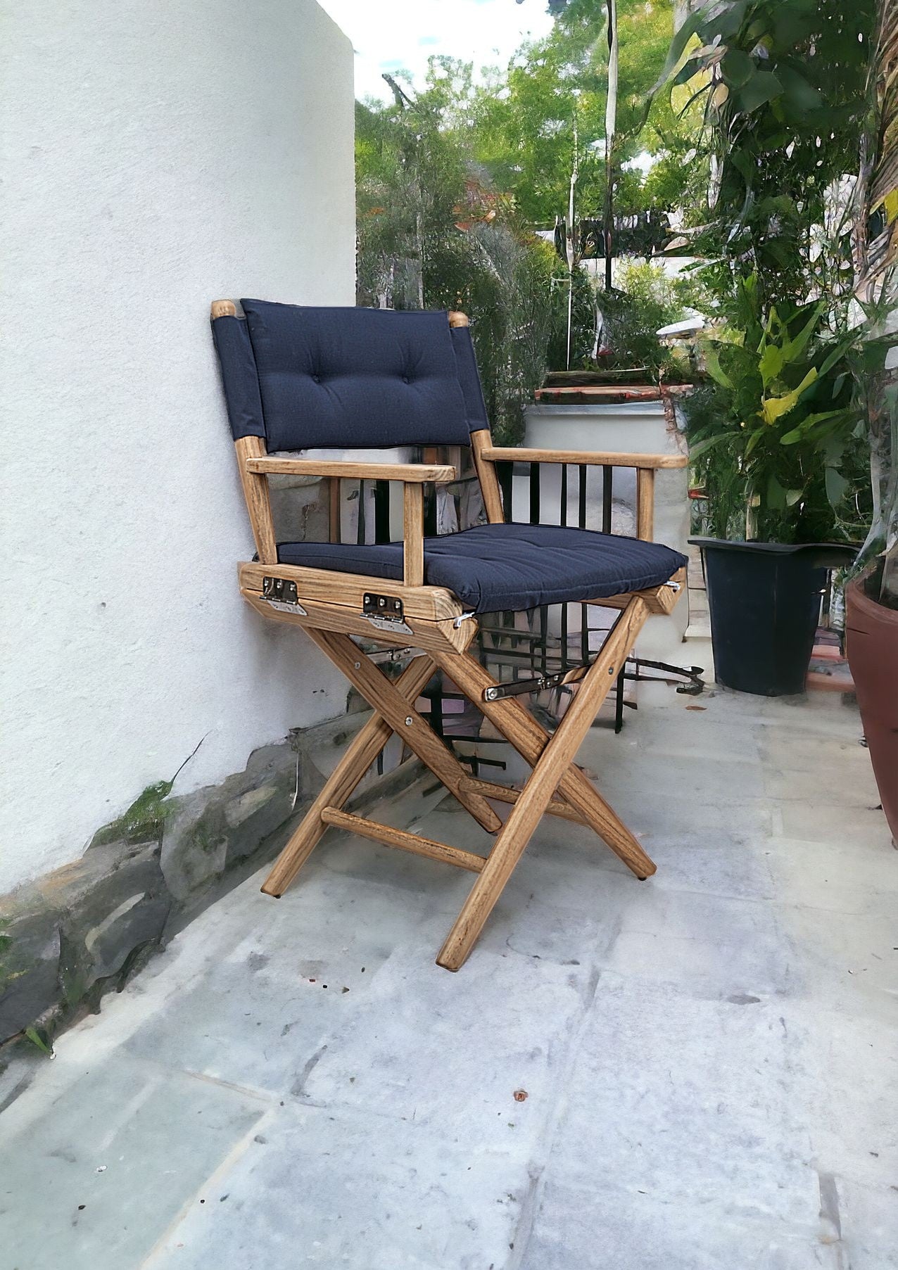 Navy Blue And Brown Solid Wood Director Chair With Navy Blue Cushion