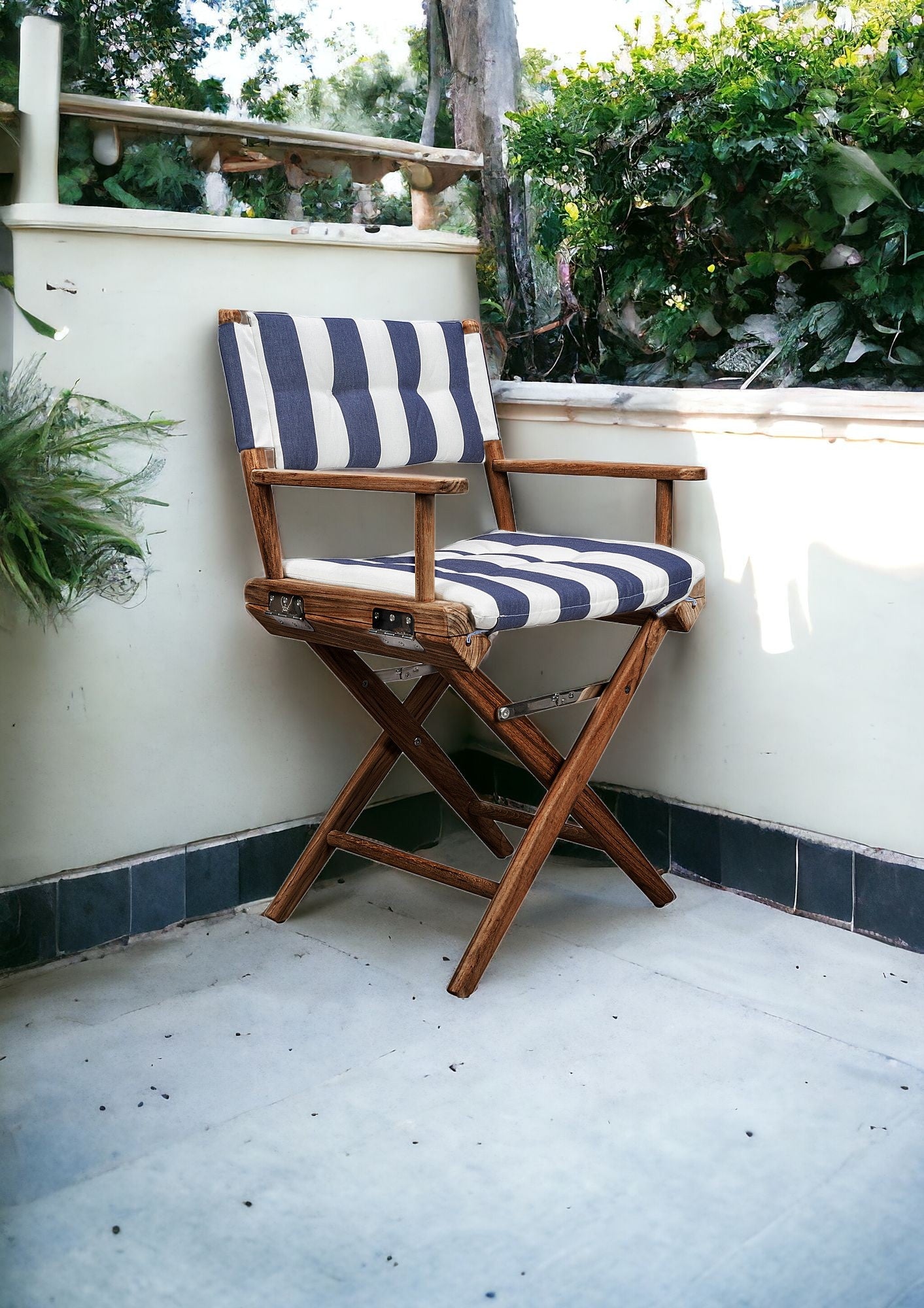 Blue and White And Brown Solid Wood Director Chair With Blue and White Cushion