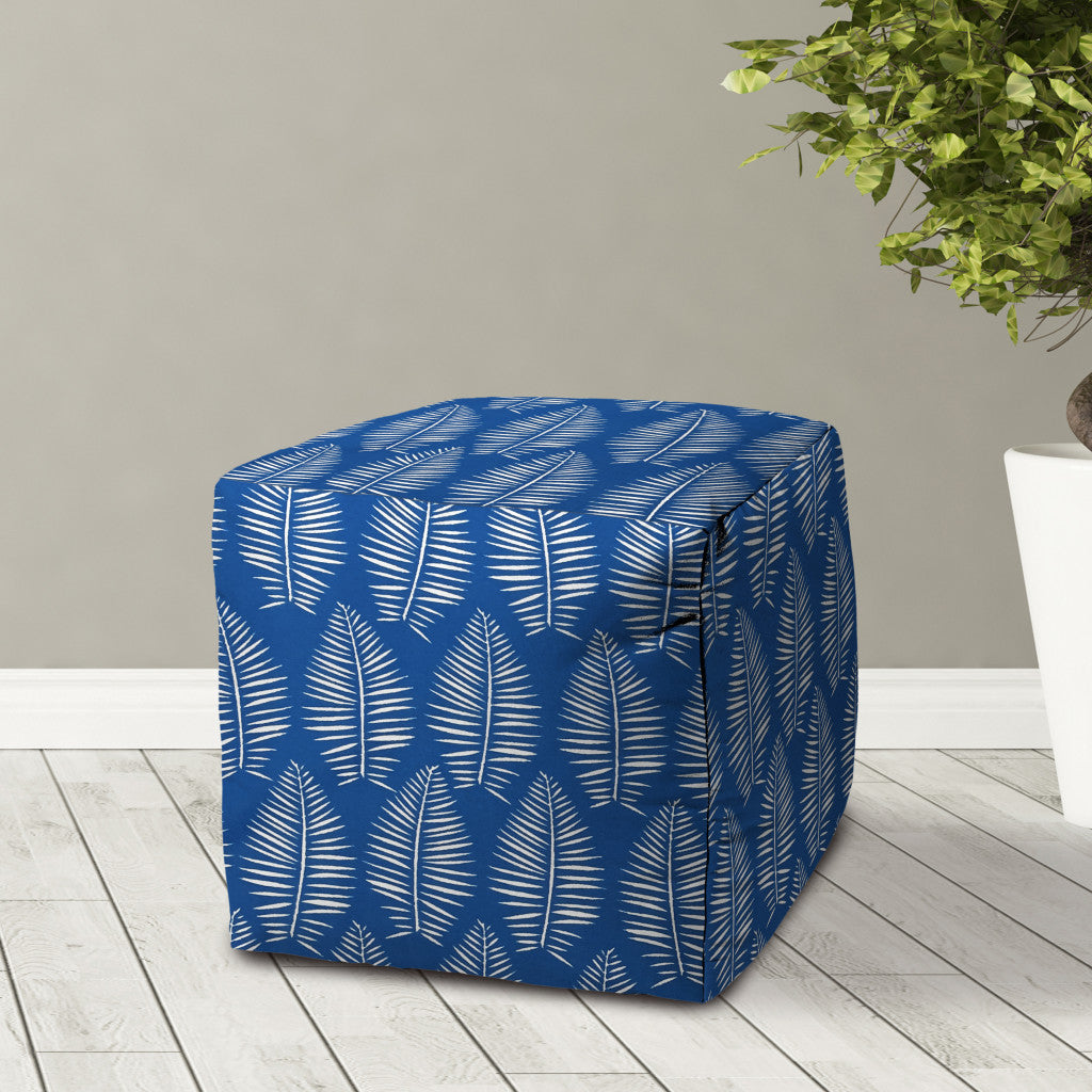 17" Blue and White Polyester Cube Floral Indoor Outdoor Pouf Ottoman