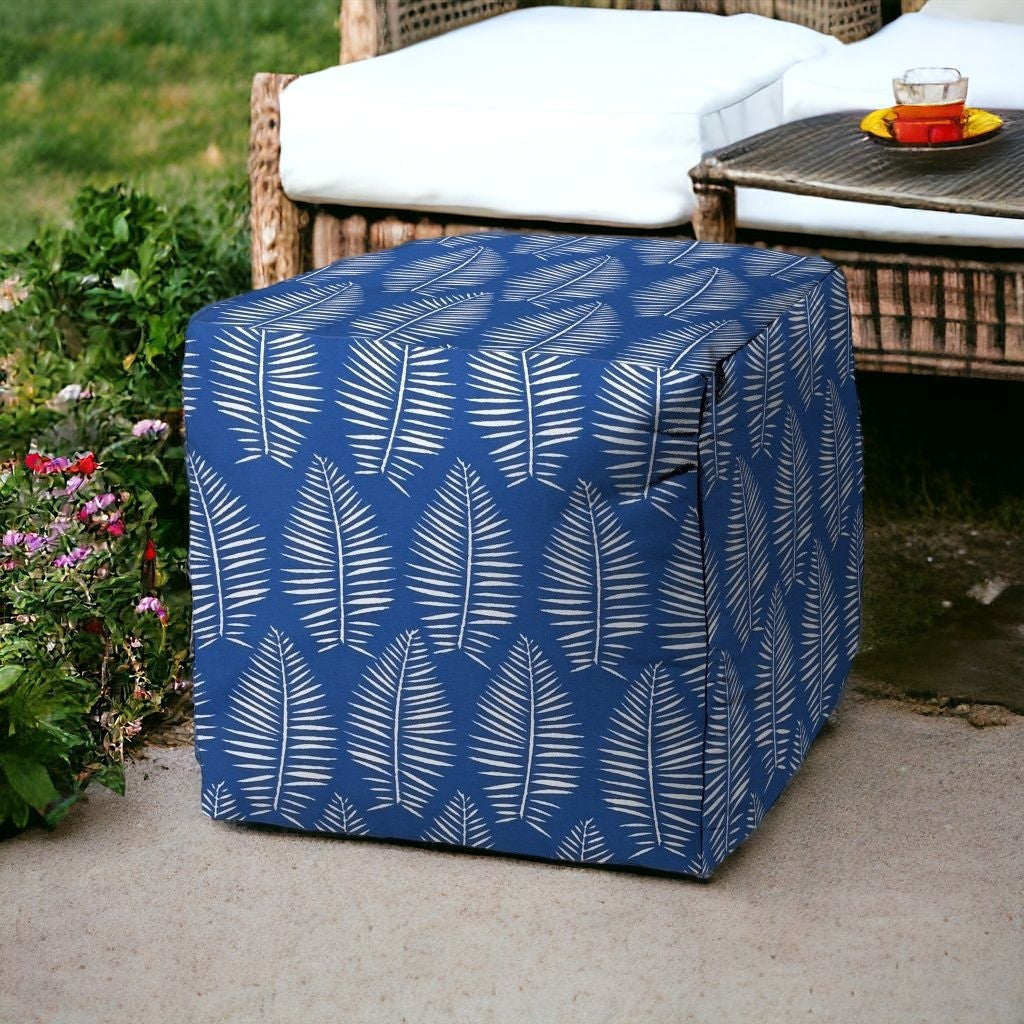 17" Blue and White Polyester Cube Floral Indoor Outdoor Pouf Ottoman