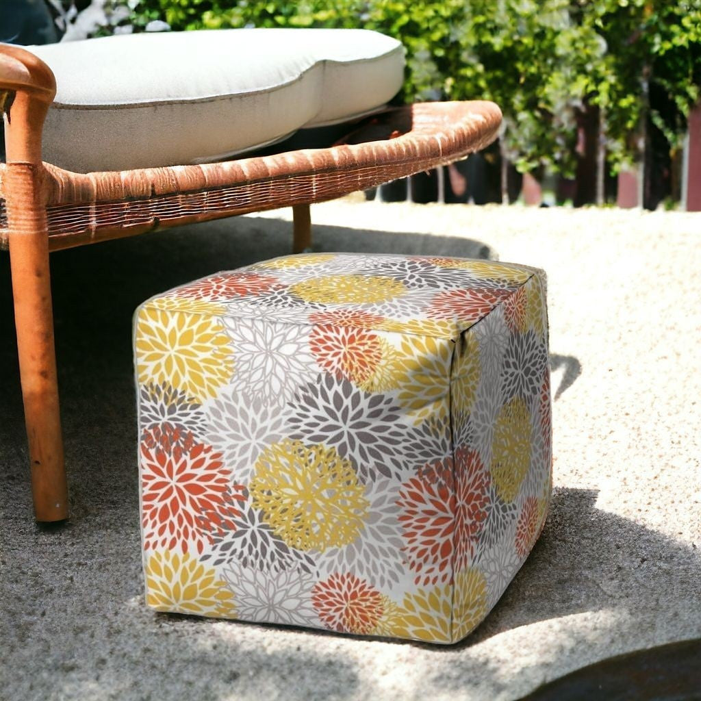 17" Gray and Yellow Polyester Cube Floral Indoor Outdoor Pouf Ottoman