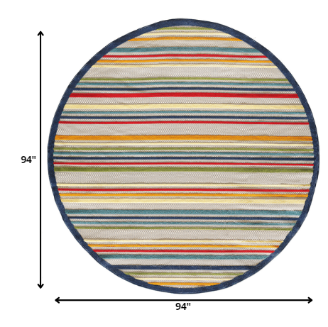 8' Round Ivory And Blue Round Striped Stain Resistant Indoor Outdoor Area Rug