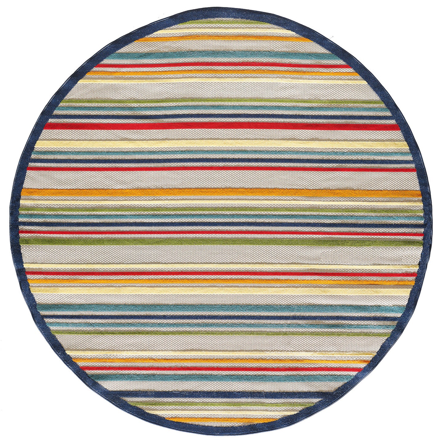 8' Round Ivory And Blue Round Striped Stain Resistant Indoor Outdoor Area Rug