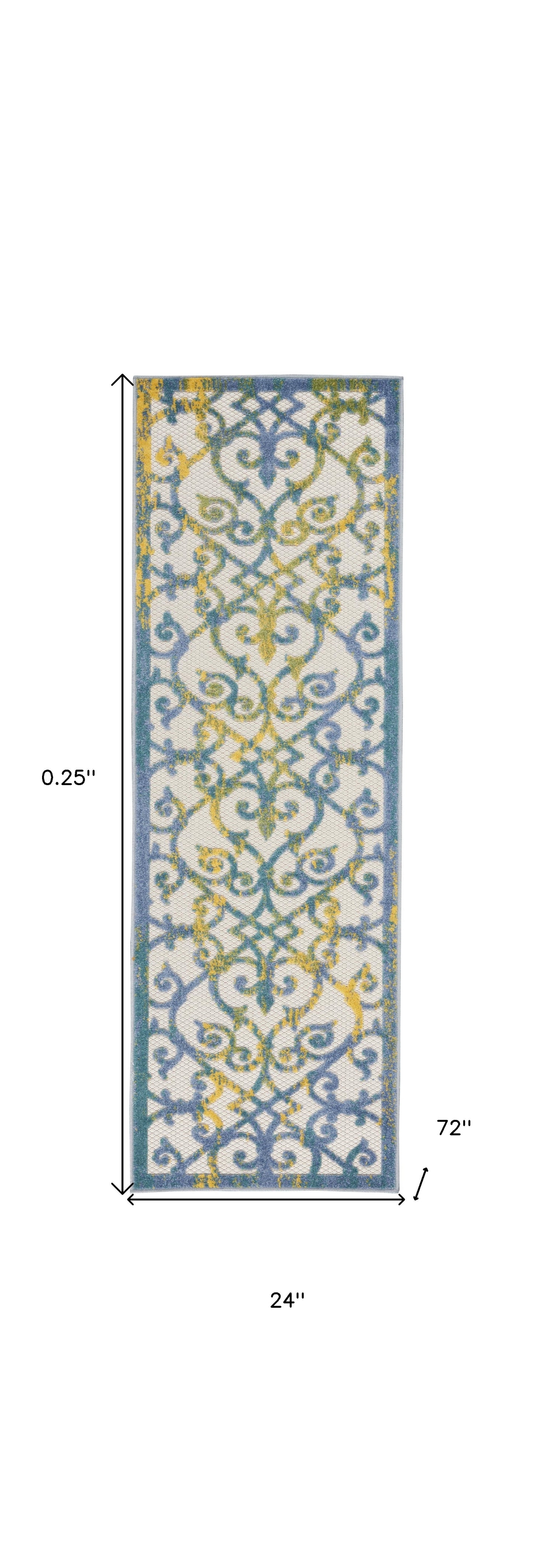 2' X 6' Ivory And Blue Damask Non Skid Indoor Outdoor Runner Rug