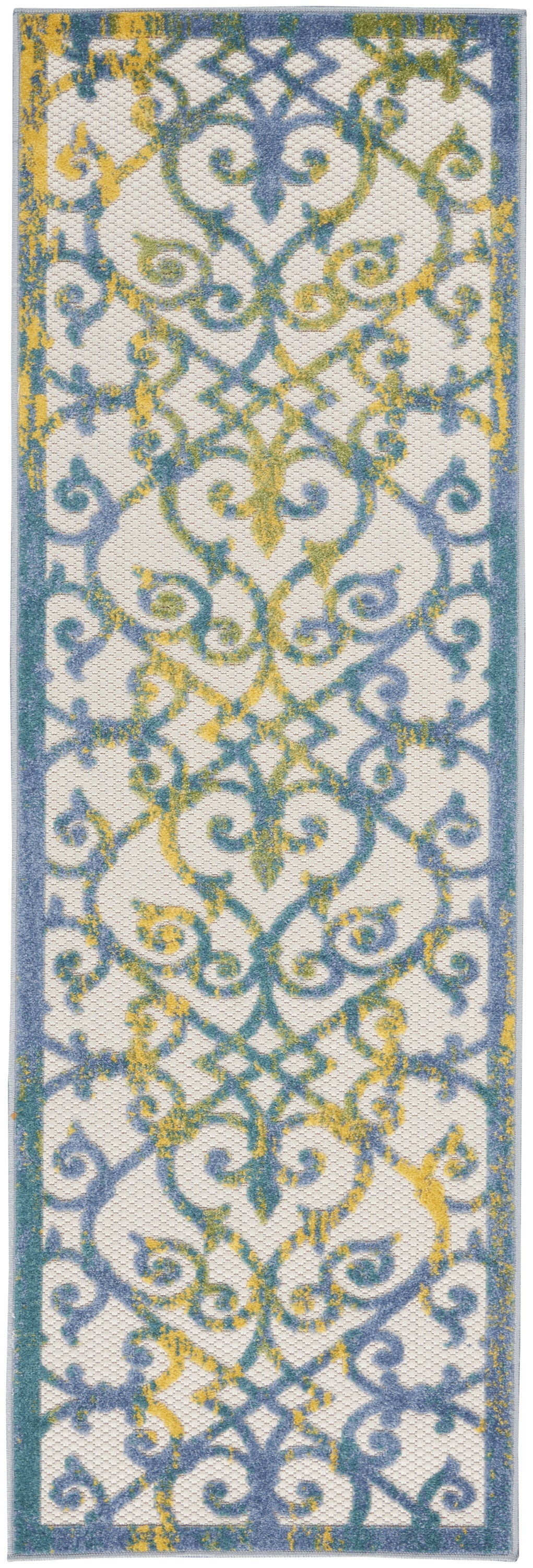 2' X 6' Ivory And Blue Damask Non Skid Indoor Outdoor Runner Rug