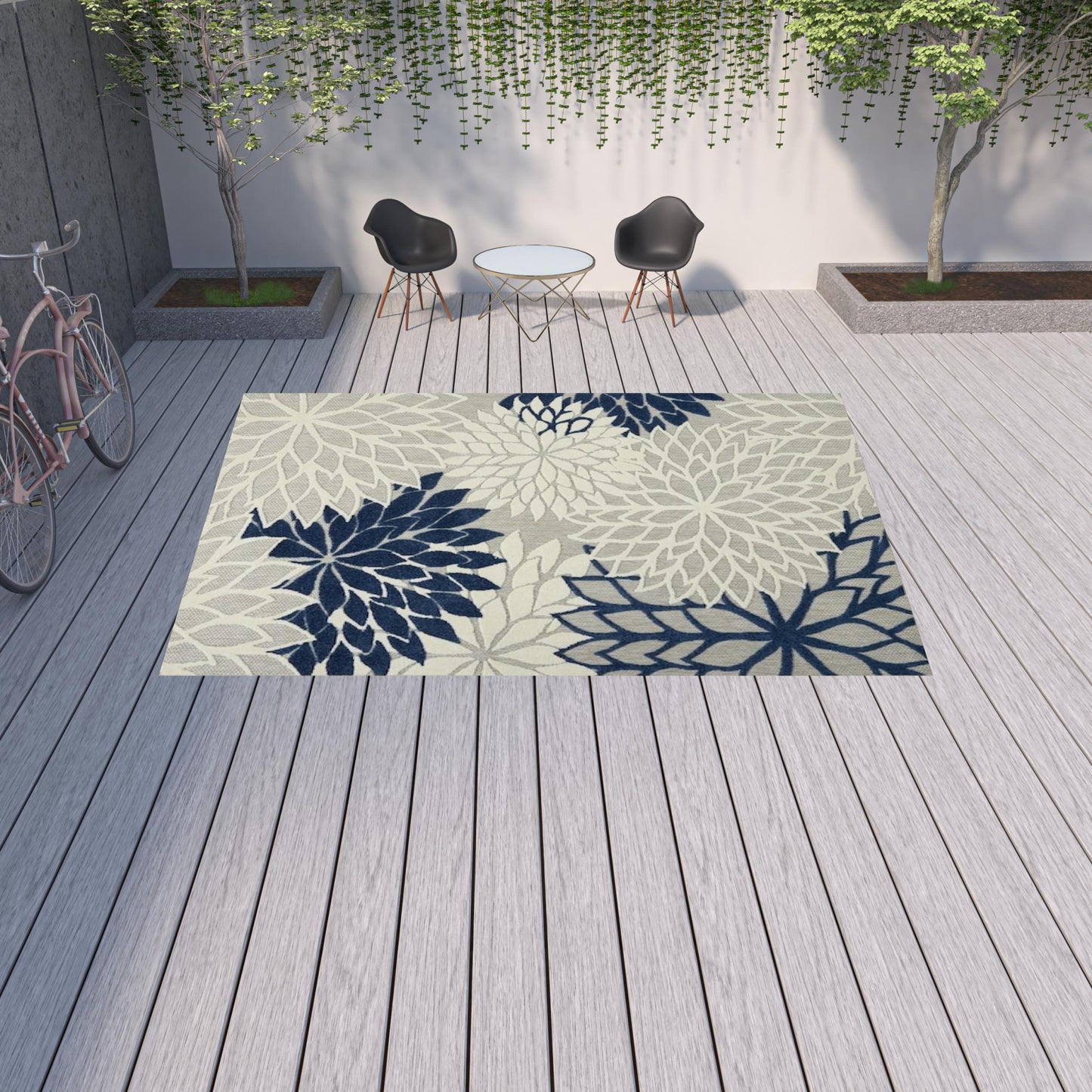 10' X 13' Ivory And Navy Floral Non Skid Indoor Outdoor Area Rug