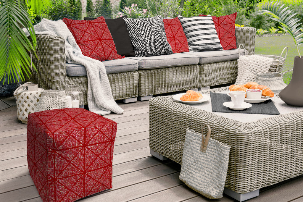 17" Red Polyester Cube Geometric Indoor Outdoor Pouf Ottoman