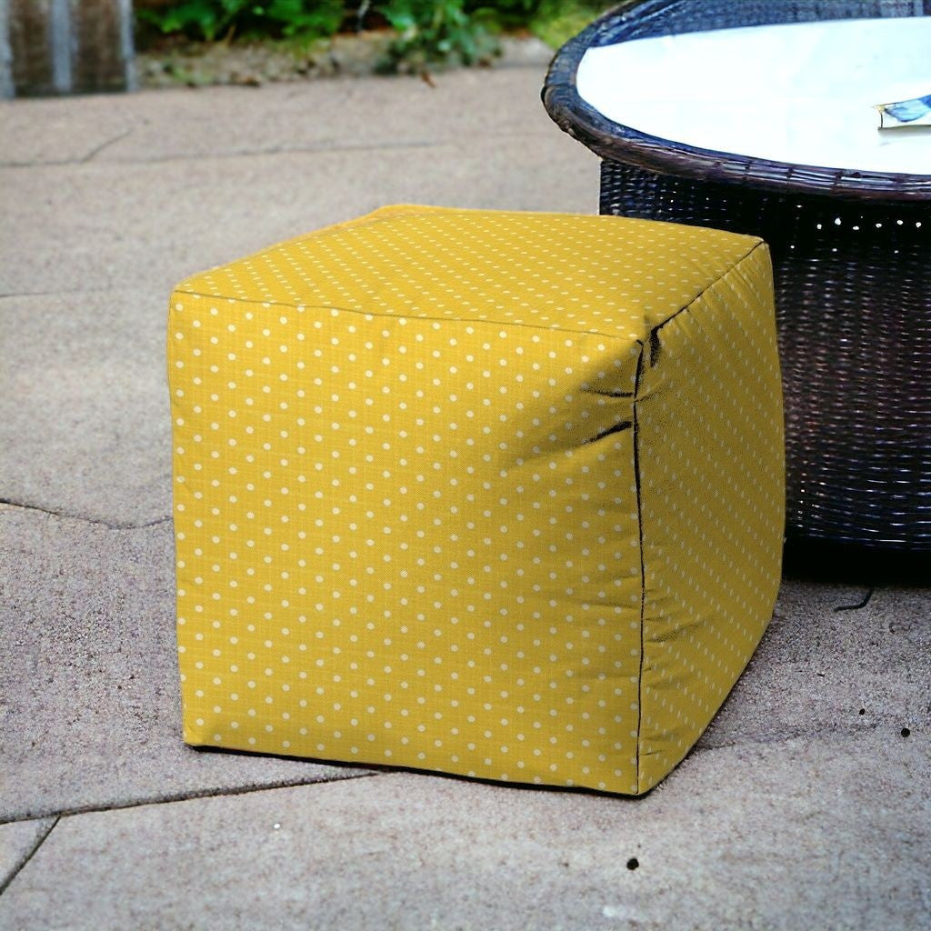 17" Yellow Polyester Cube Polka Dots Indoor Outdoor Pouf Ottoman