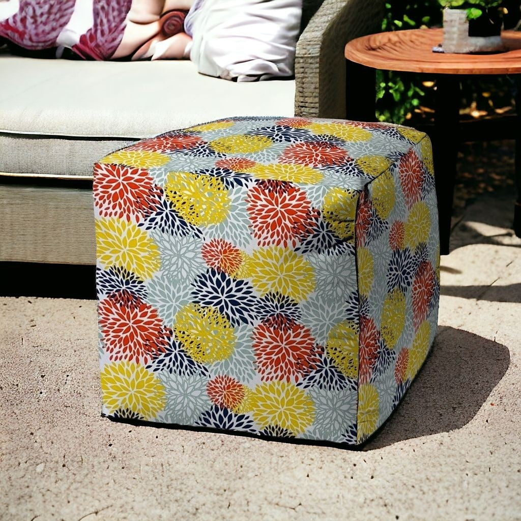 17" Green Polyester Cube Floral Indoor Outdoor Pouf Ottoman