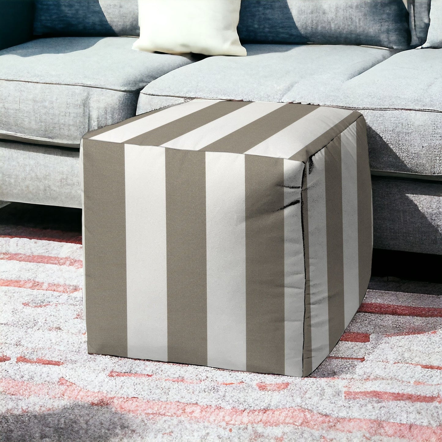 17" Taupe Polyester Cube Striped Indoor Outdoor Pouf Ottoman