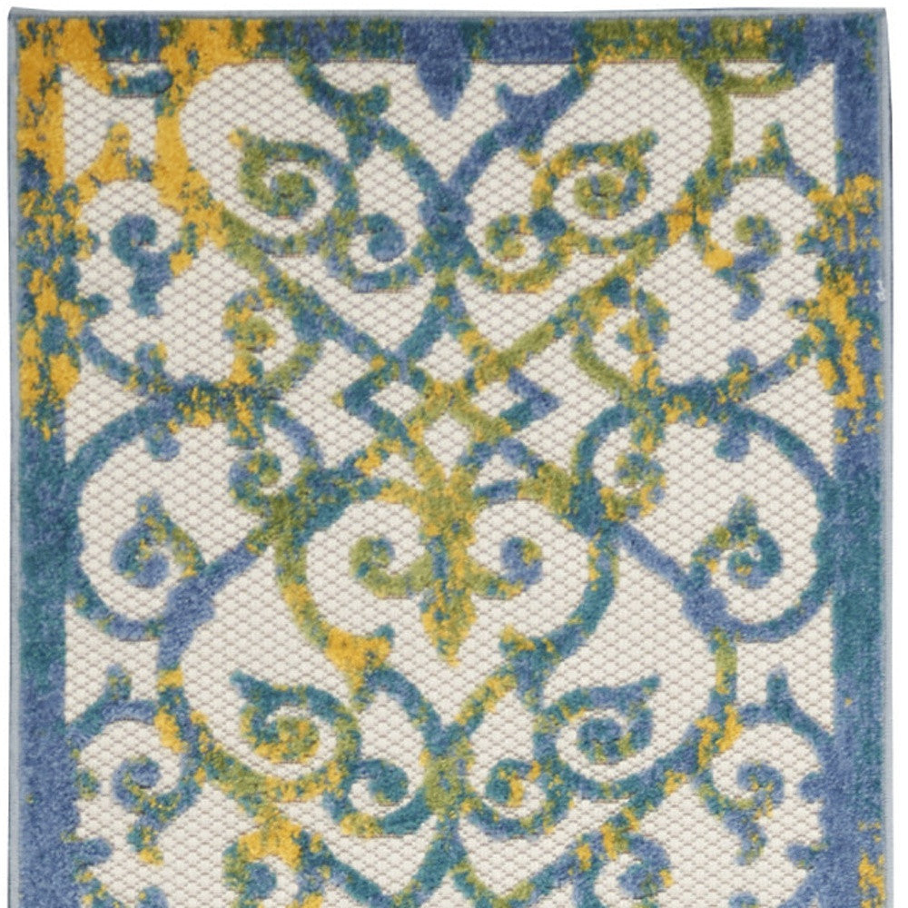 2' X 12' Ivory And Blue Damask Non Skid Indoor Outdoor Runner Rug