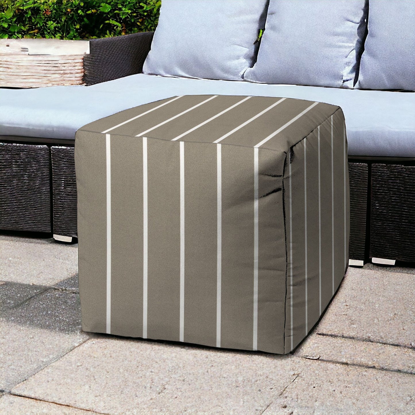 17" Taupe Polyester Cube Striped Indoor Outdoor Pouf Ottoman