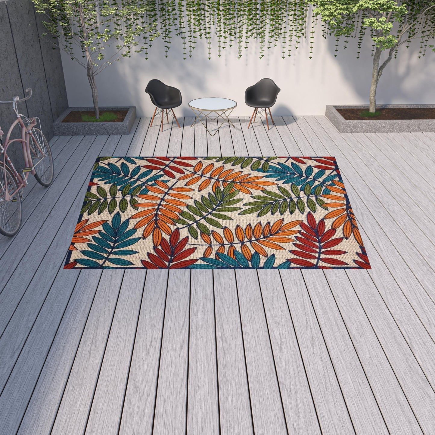 10' X 13' Beige Green And Orange Floral Non Skid Indoor Outdoor Area Rug