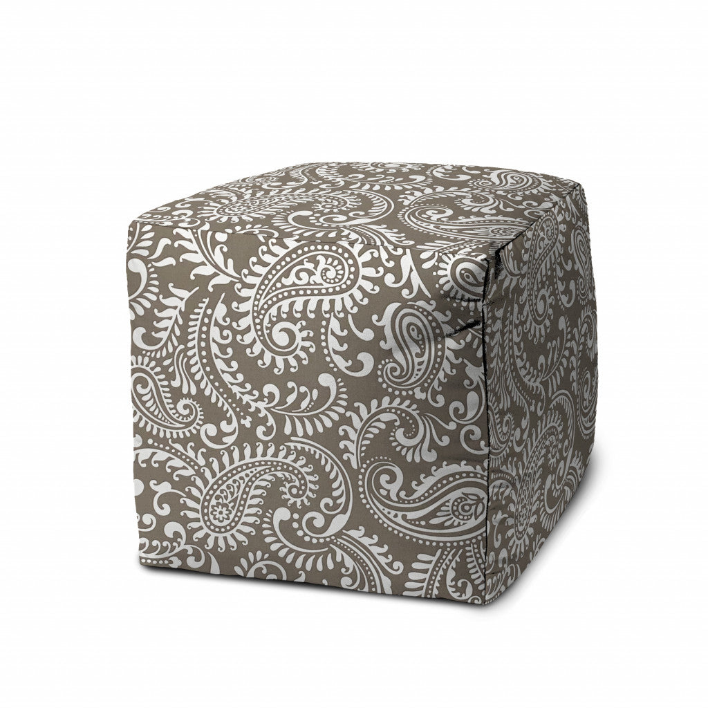 17" Taupe Polyester Cube Paisley Indoor Outdoor Pouf Ottoman