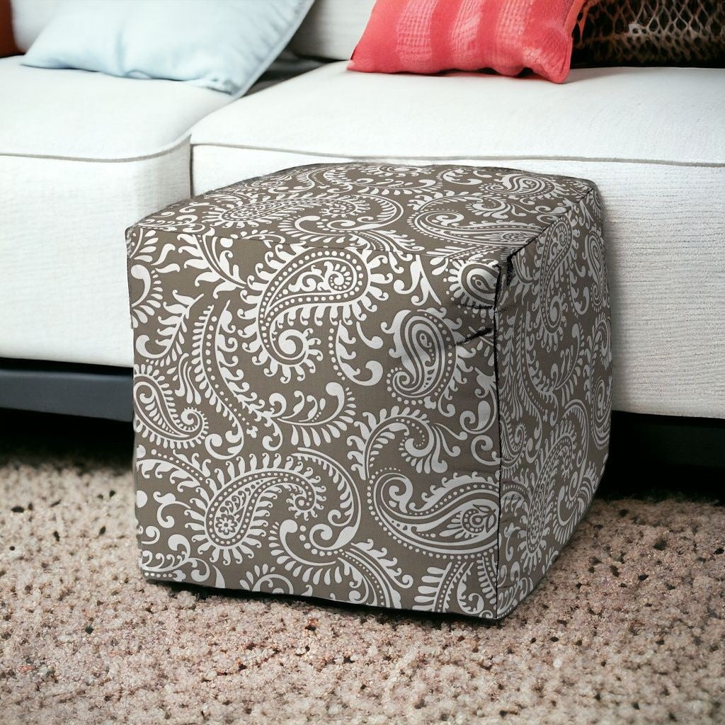 17" Taupe Polyester Cube Paisley Indoor Outdoor Pouf Ottoman