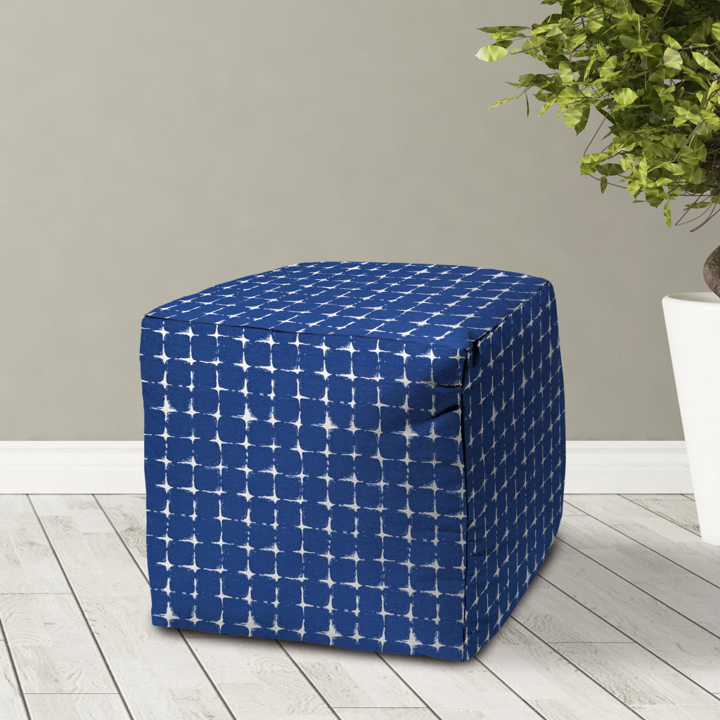 17" Blue and White Polyester Cube Geometric Indoor Outdoor Pouf Ottoman