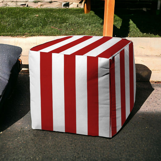 17" Red Polyester Cube Striped Indoor Outdoor Pouf Ottoman