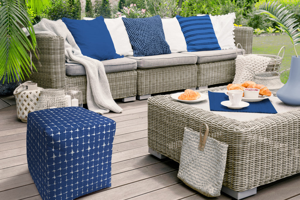 17" Blue and White Polyester Cube Geometric Indoor Outdoor Pouf Ottoman