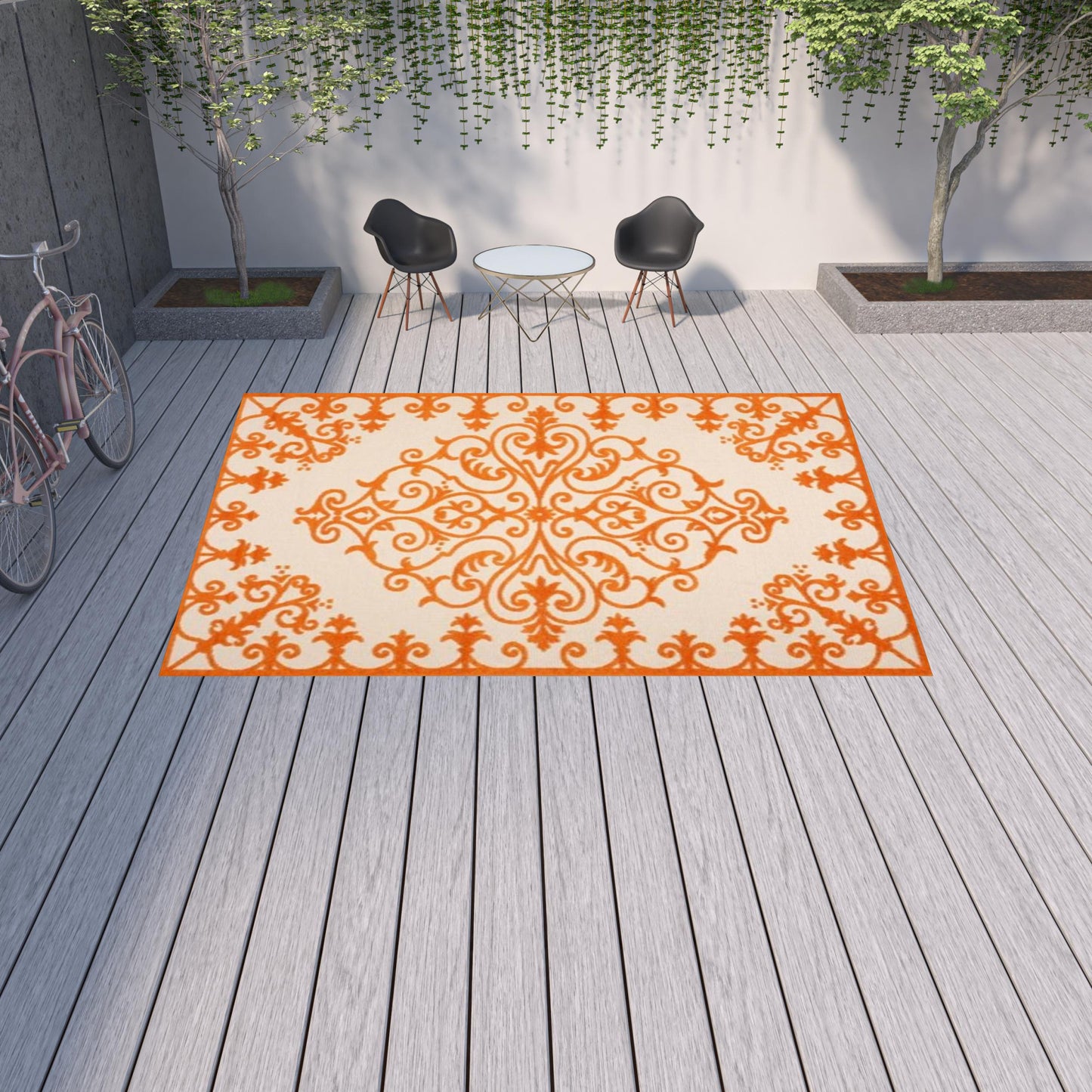 10' X 13' Orange Damask Non Skid Indoor Outdoor Area Rug