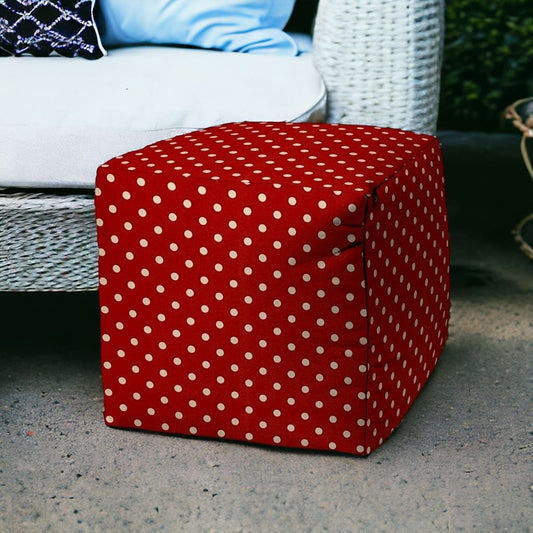 17" Red Polyester Cube Polka Dots Indoor Outdoor Pouf Ottoman