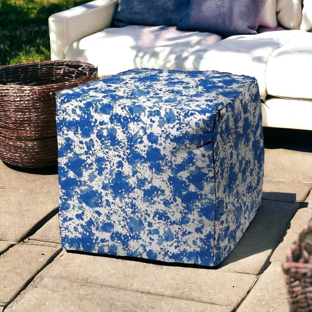 17" Blue and White Polyester Cube Abstract Indoor Outdoor Pouf Ottoman