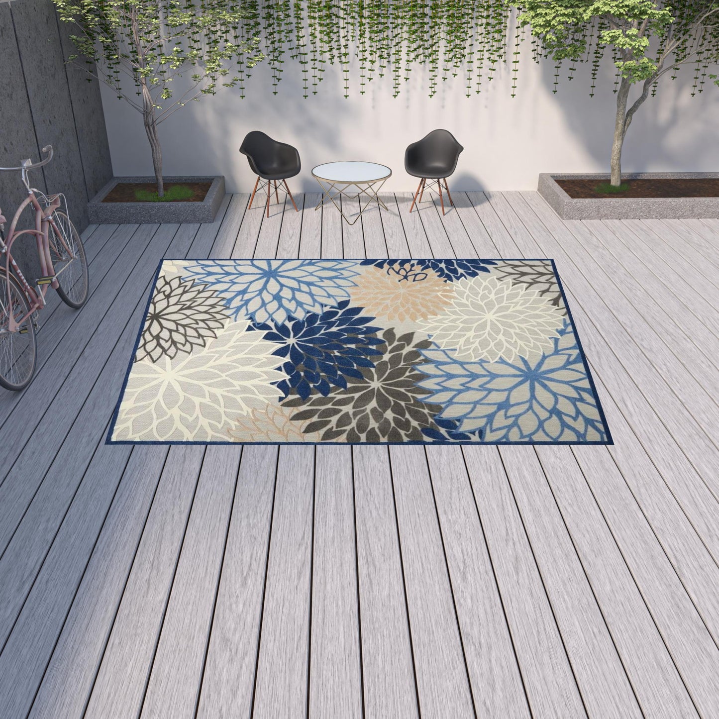 10' X 13' Blue Floral Non Skid Indoor Outdoor Area Rug