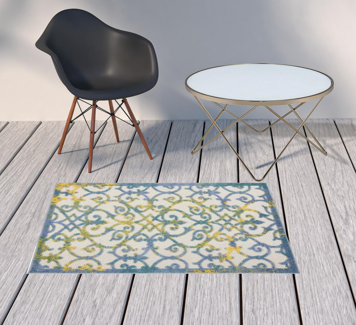 3' X 4' Ivory And Blue Damask Non Skid Indoor Outdoor Area Rug