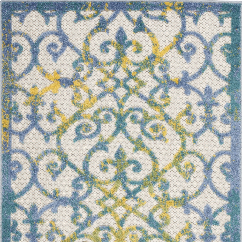 3' X 4' Ivory And Blue Damask Non Skid Indoor Outdoor Area Rug