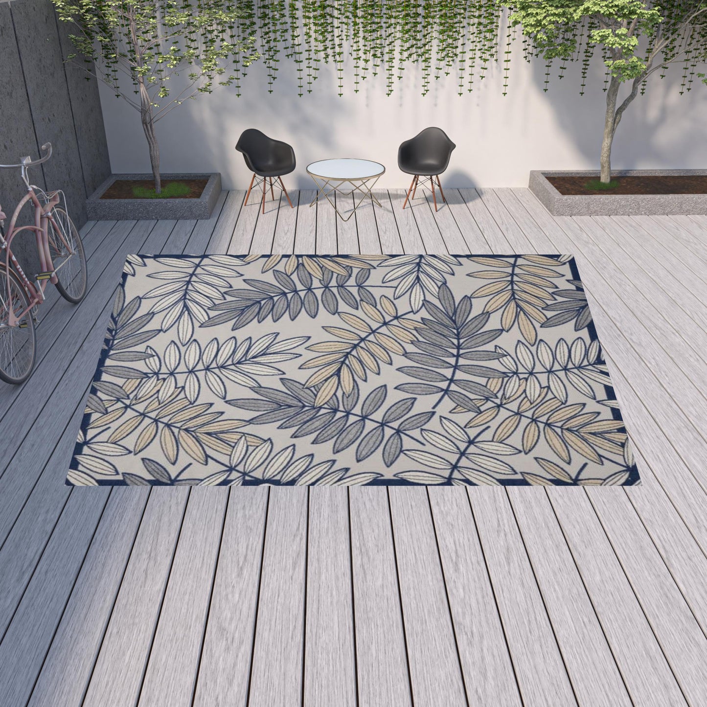 12' X 15' Ivory And Navy Floral Non Skid Indoor Outdoor Area Rug