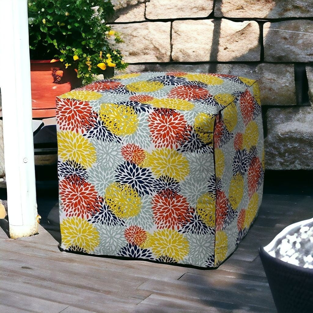 17" Green Polyester Cube Floral Indoor Outdoor Pouf Ottoman