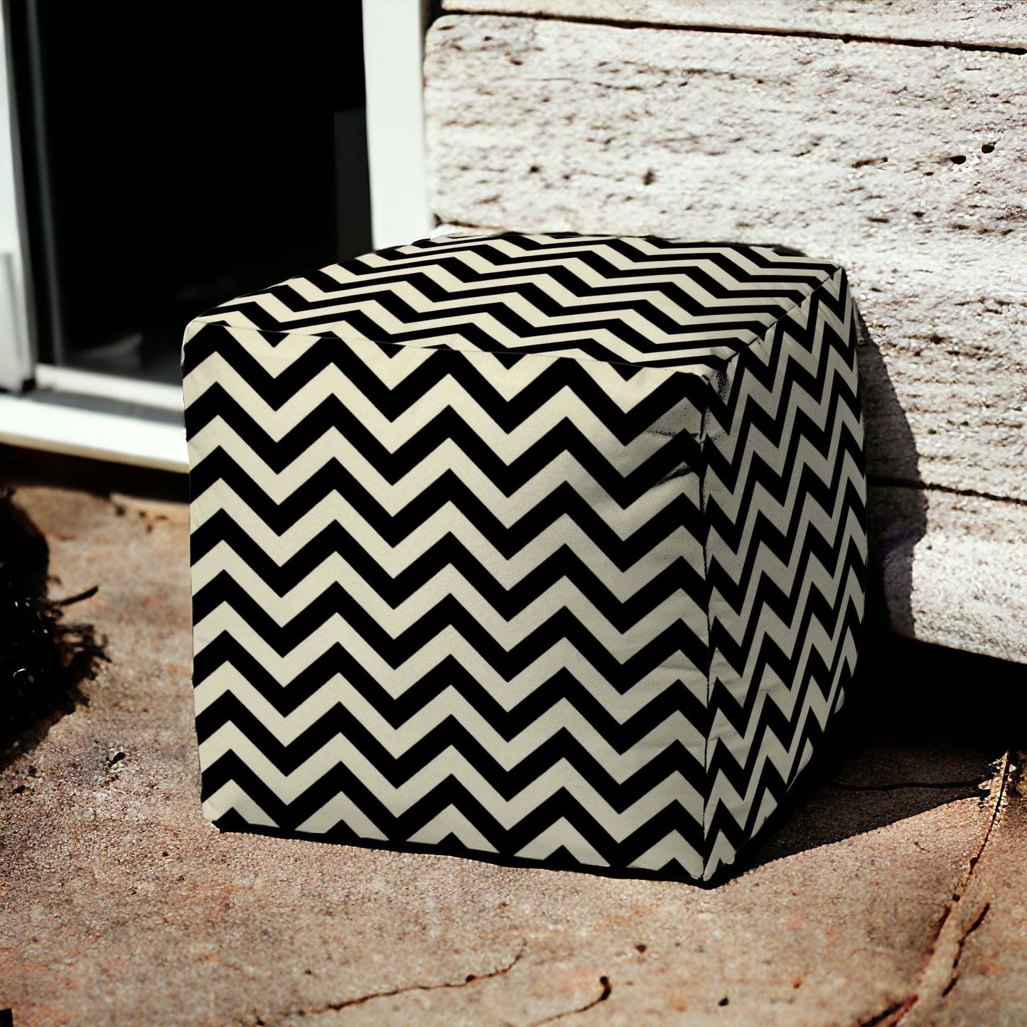 17" Black And White Polyester Cube Chevron Indoor Outdoor Pouf Ottoman