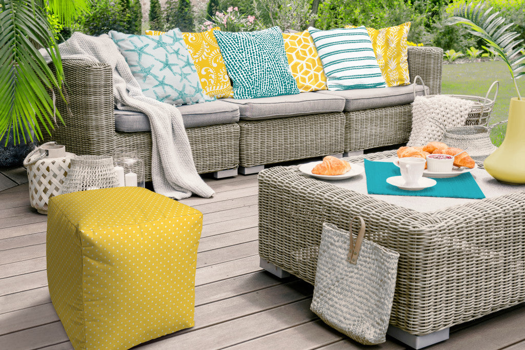 17" Yellow Polyester Cube Polka Dots Indoor Outdoor Pouf Ottoman